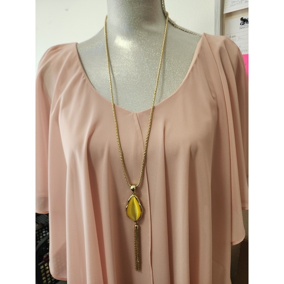 Jewelry - Gold Tone Long Popcorn Chain Yellow Cat's Eye Teardrop Tassel‎ Pendant Necklace